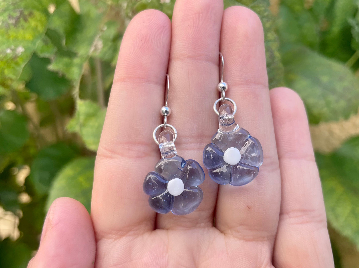 Semi-Transparent Blue Flower Glass Earrings / US Blown Glass Flower Earrings / Hand Sculpted Glass Flower Earrings