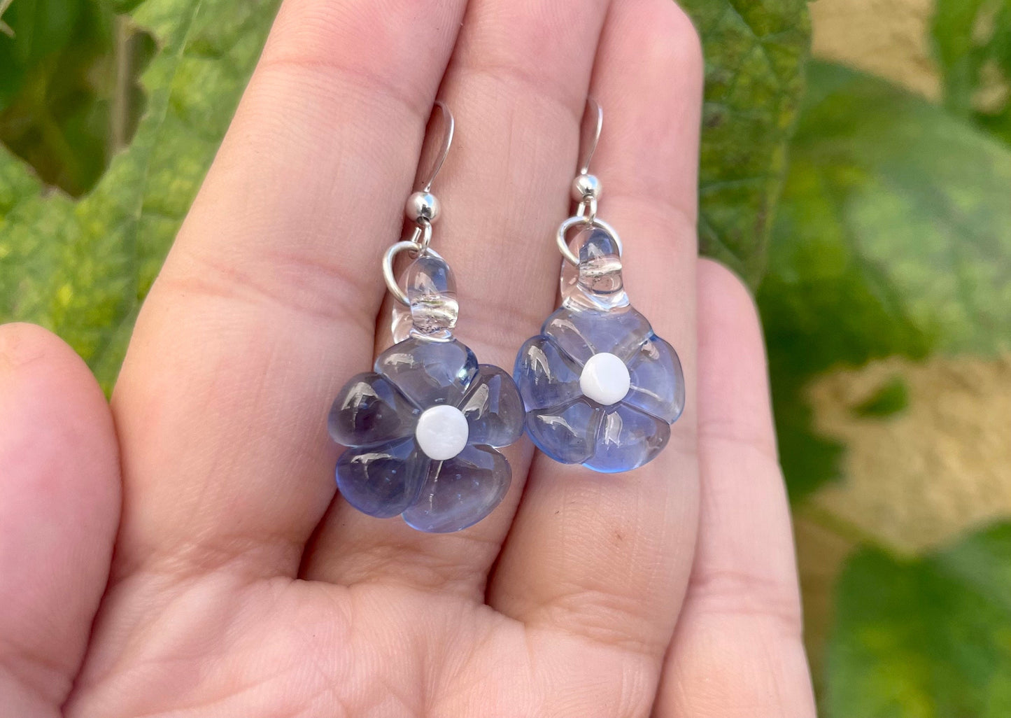 Semi-Transparent Blue Flower Glass Earrings / US Blown Glass Flower Earrings / Hand Sculpted Glass Flower Earrings