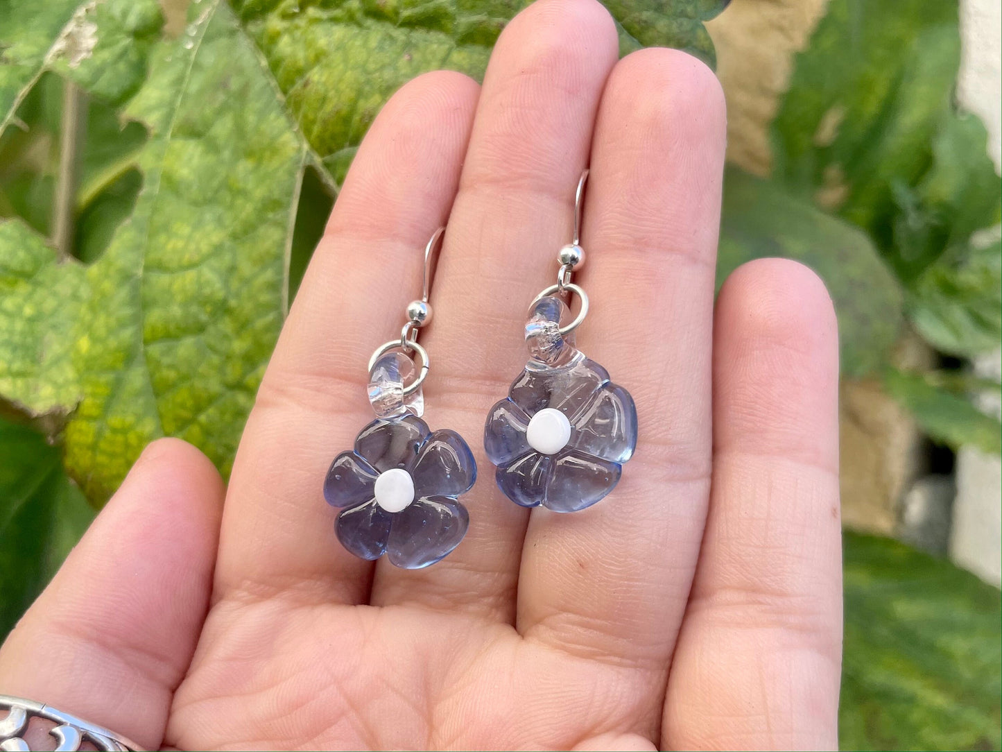 Semi-Transparent Blue Flower Glass Earrings / US Blown Glass Flower Earrings / Hand Sculpted Glass Flower Earrings