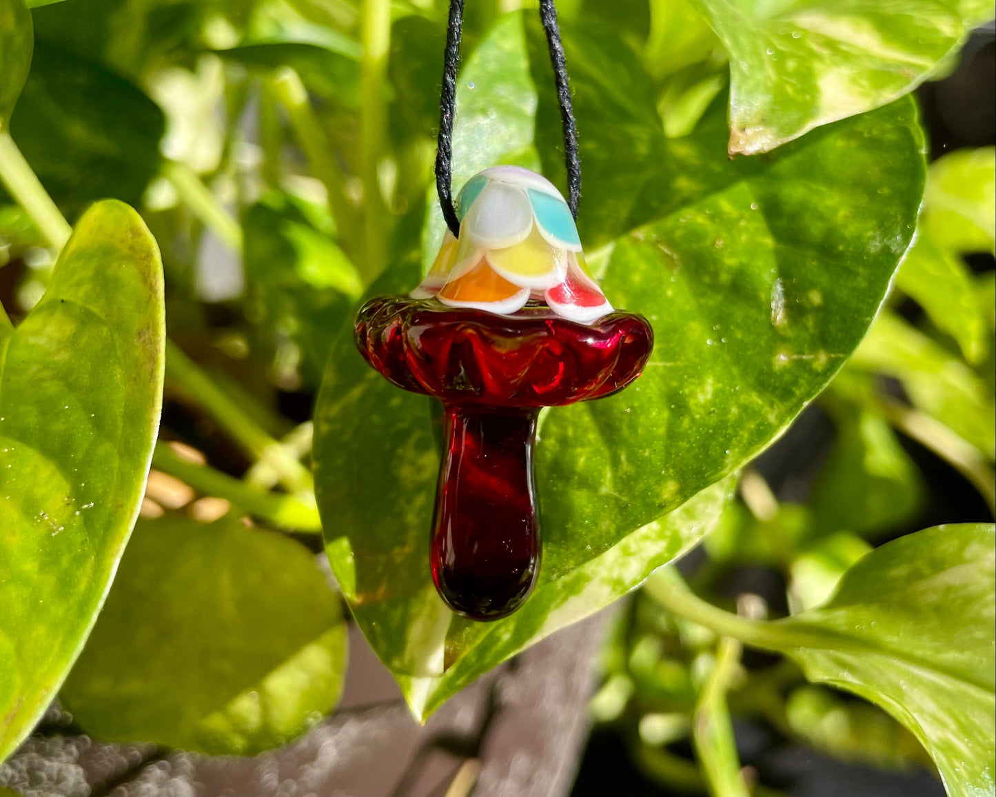 Rainbow Red Mushroom Pendant/ Shroom pendant / Hand Sculpted Glass Mushroom Necklace / Rainbow Shroom Pendant
