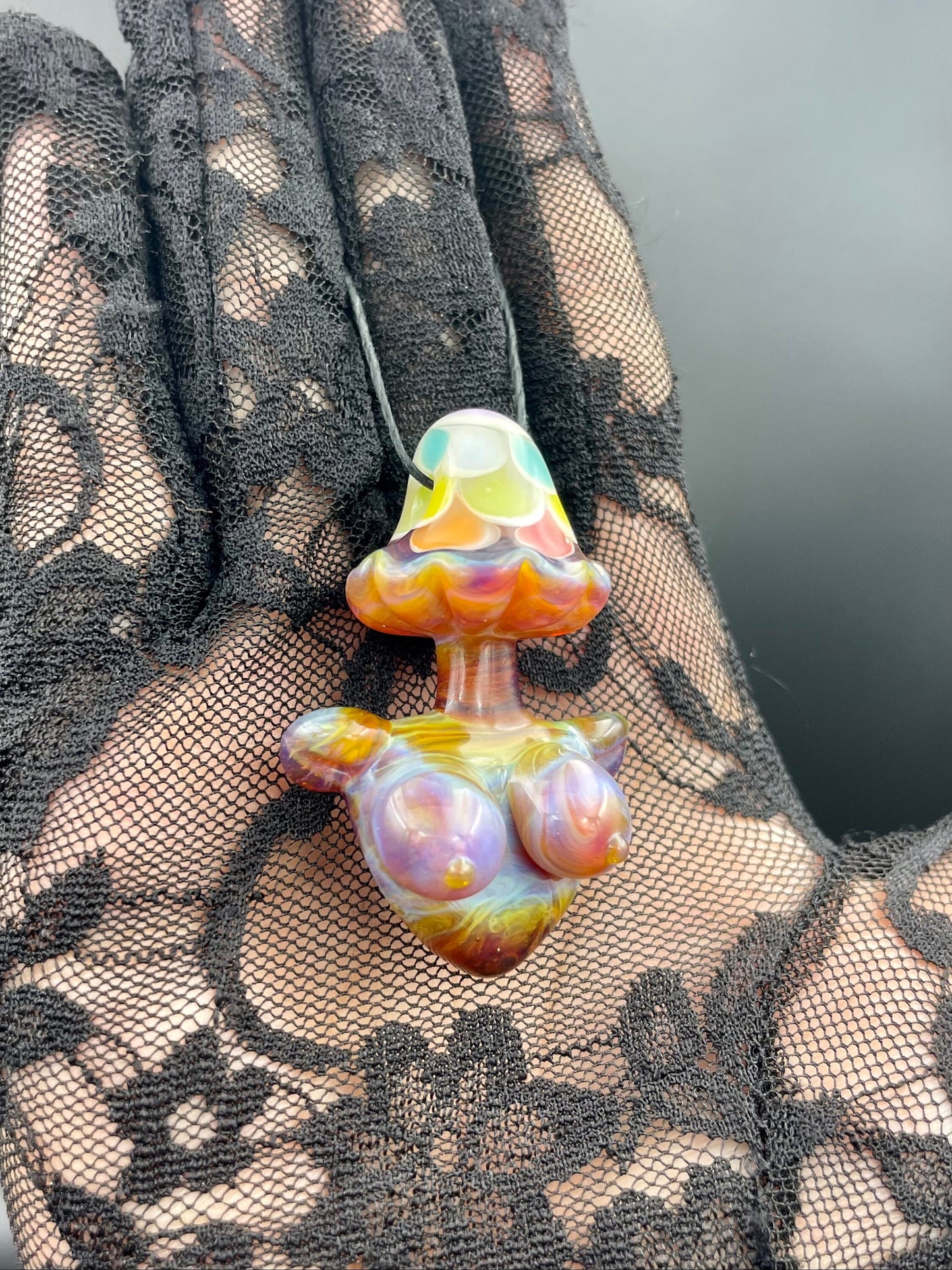 Rainbow Shroom Head Torso Pendant/ Rainbow Tiddy Pendant / Glass Mushroom Pendant / Glass Mushroom Boobie Pendant / Lesbian Mushroom