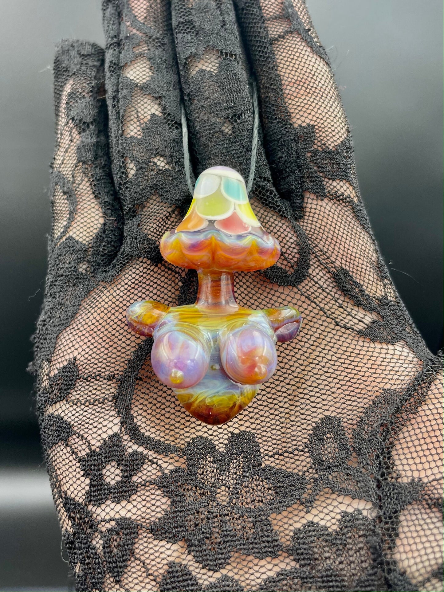 Rainbow Shroom Head Torso Pendant/ Rainbow Tiddy Pendant / Glass Mushroom Pendant / Glass Mushroom Boobie Pendant / Lesbian Mushroom