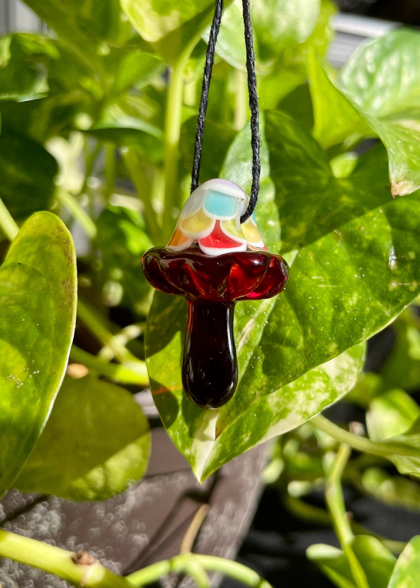 Rainbow Red Mushroom Pendant/ Shroom pendant / Hand Sculpted Glass Mushroom Necklace / Rainbow Shroom Pendant