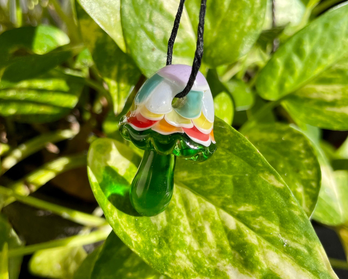Rainbow Green Mushroom Pendant/ Shroom pendant / Hand Sculpted Glass Mushroom Necklace / Rainbow Shroom Pendant