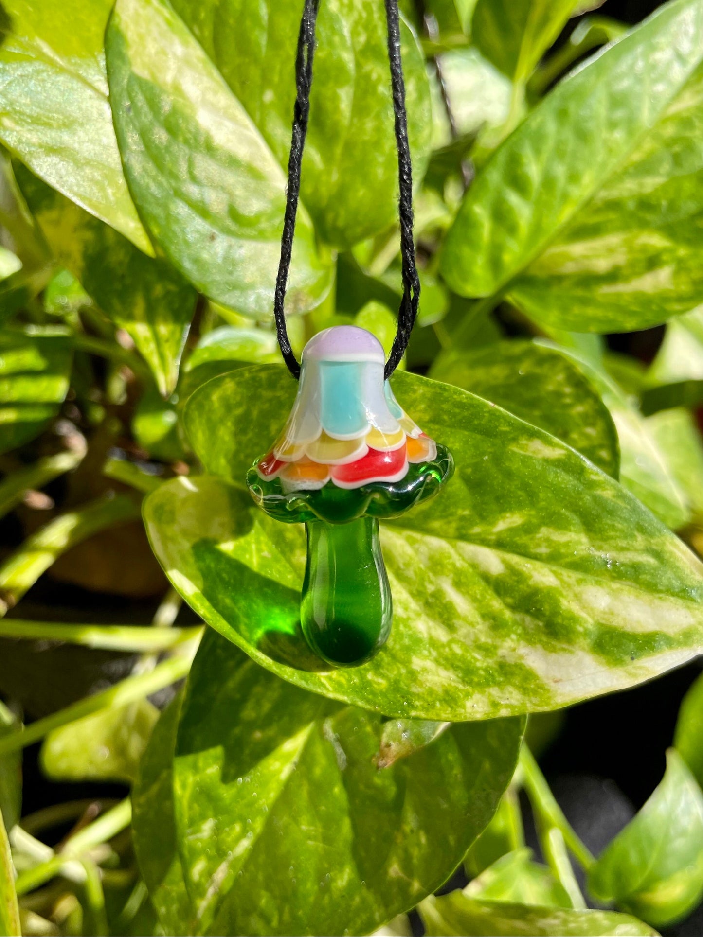 Rainbow Green Mushroom Pendant/ Shroom pendant / Hand Sculpted Glass Mushroom Necklace / Rainbow Shroom Pendant