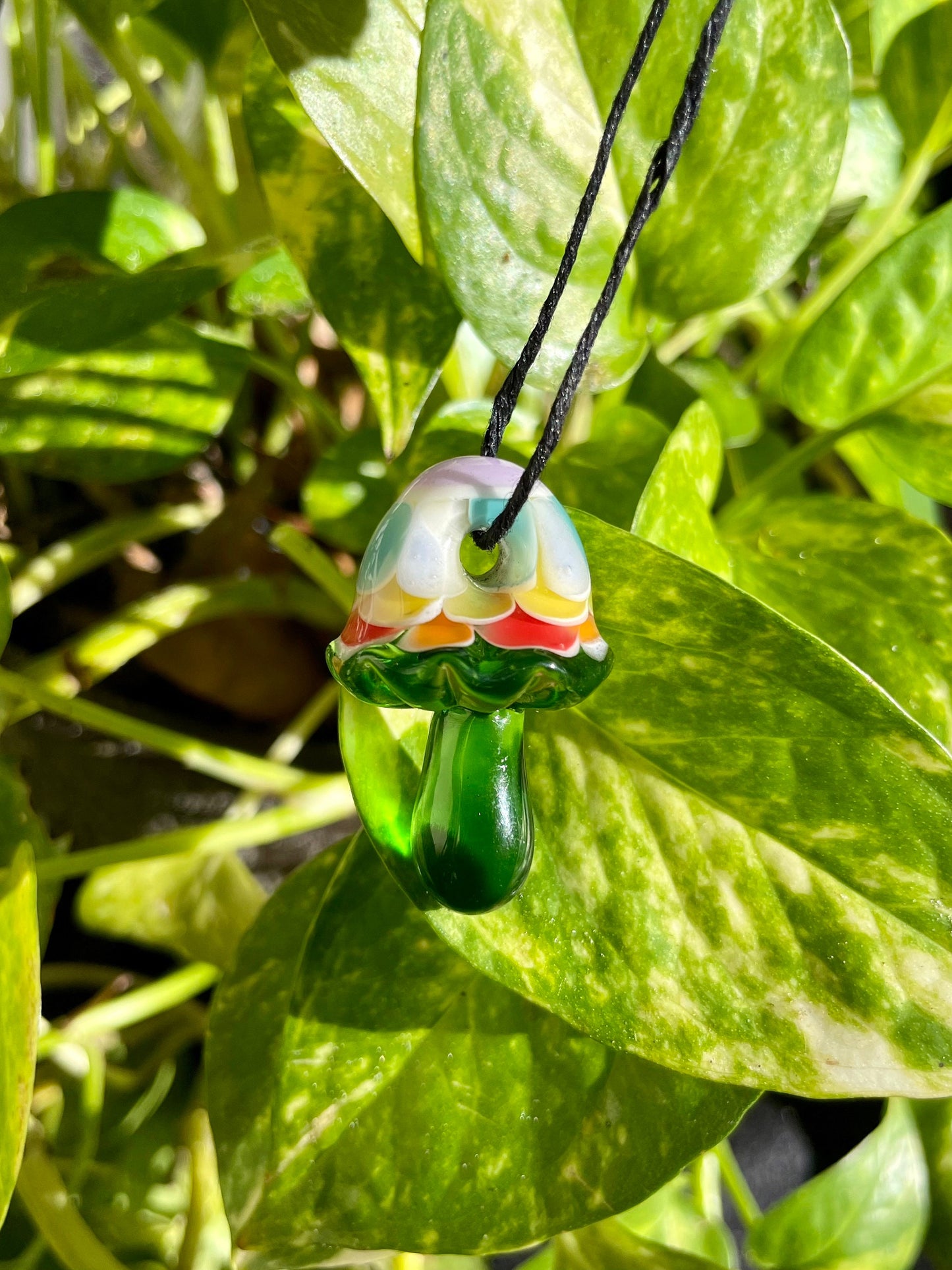Rainbow Green Mushroom Pendant/ Shroom pendant / Hand Sculpted Glass Mushroom Necklace / Rainbow Shroom Pendant