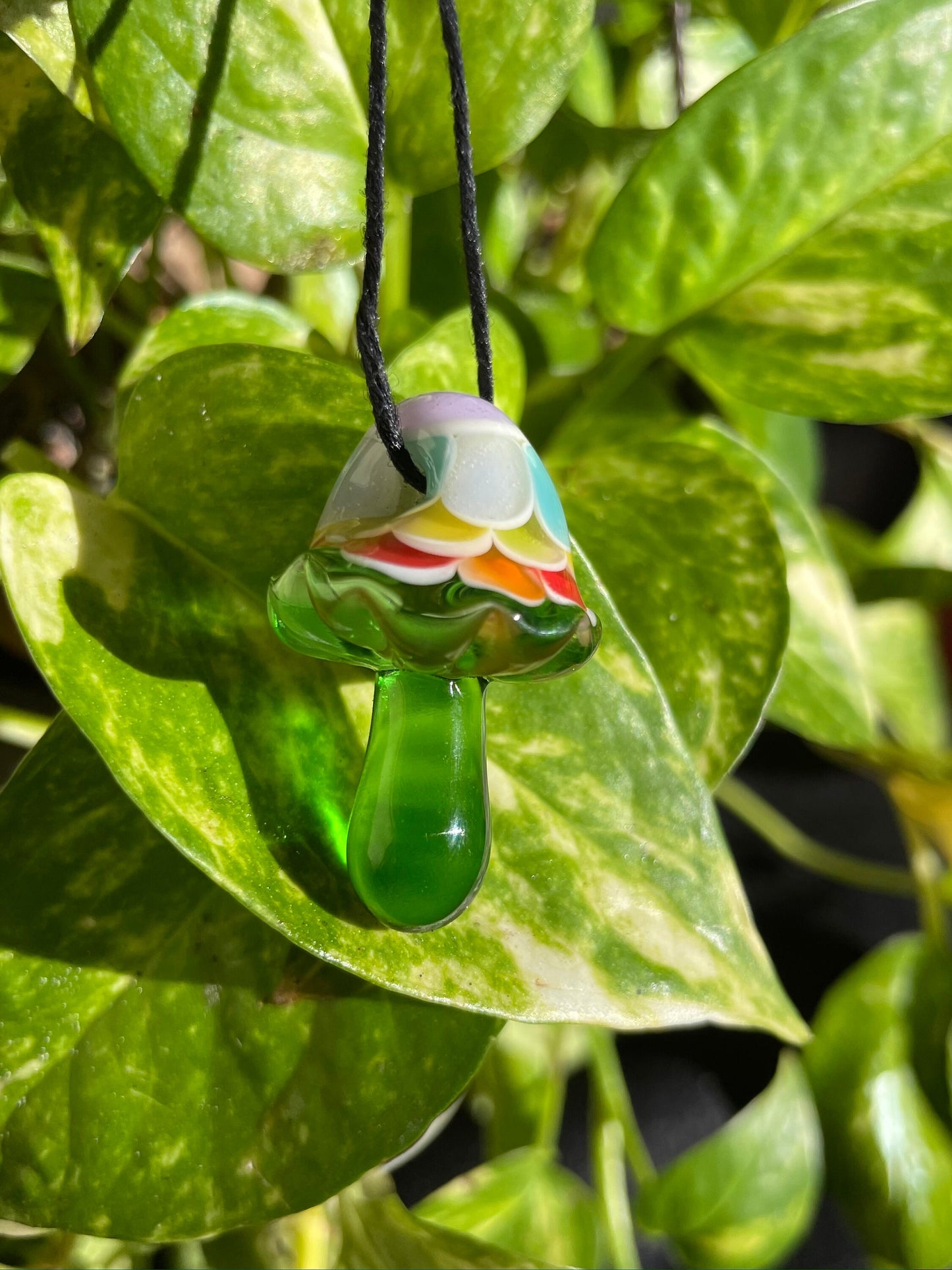 Rainbow Green Mushroom Pendant/ Shroom pendant / Hand Sculpted Glass Mushroom Necklace / Rainbow Shroom Pendant