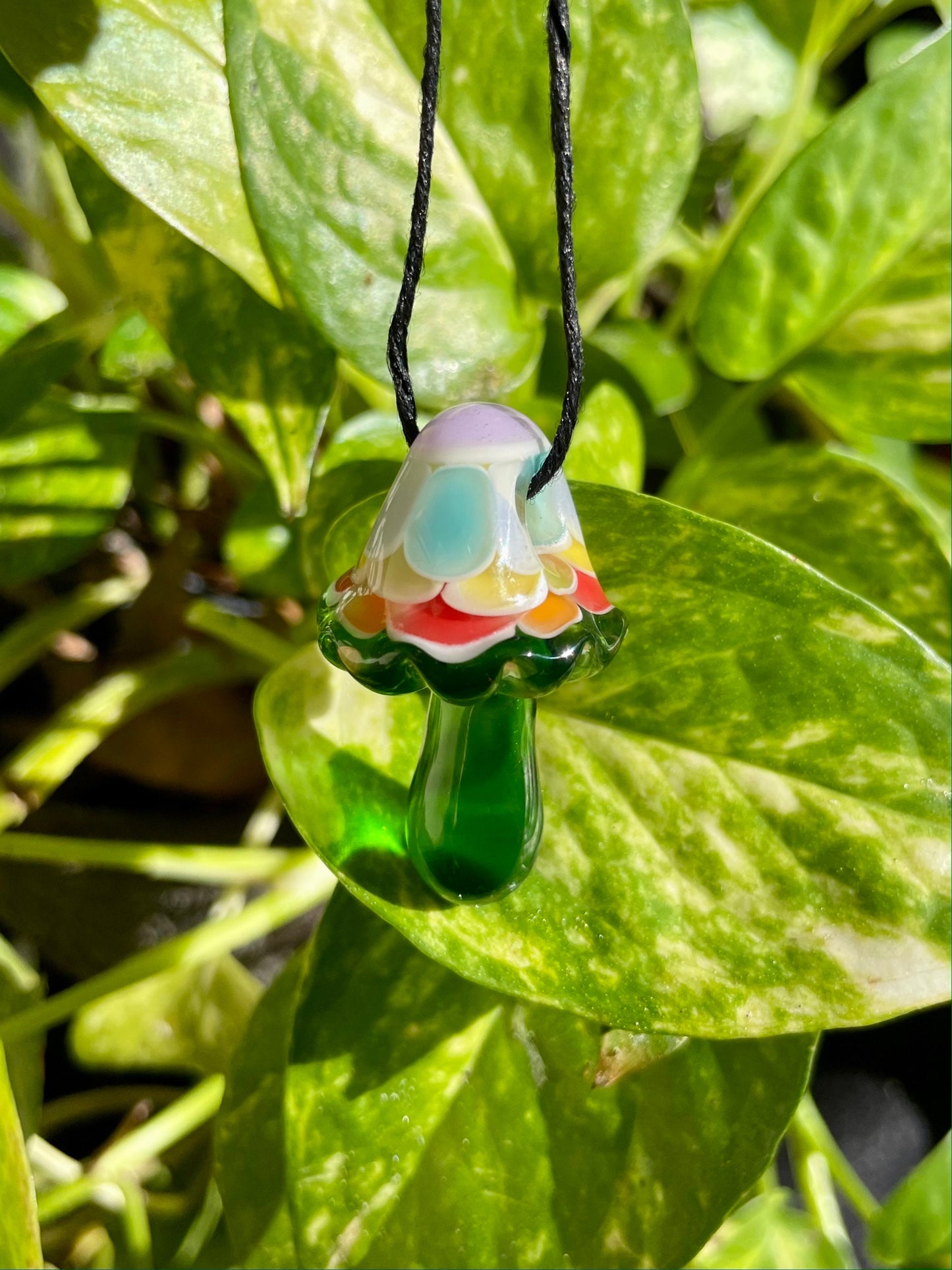 Rainbow Green Mushroom Pendant/ Shroom pendant / Hand Sculpted Glass Mushroom Necklace / Rainbow Shroom Pendant