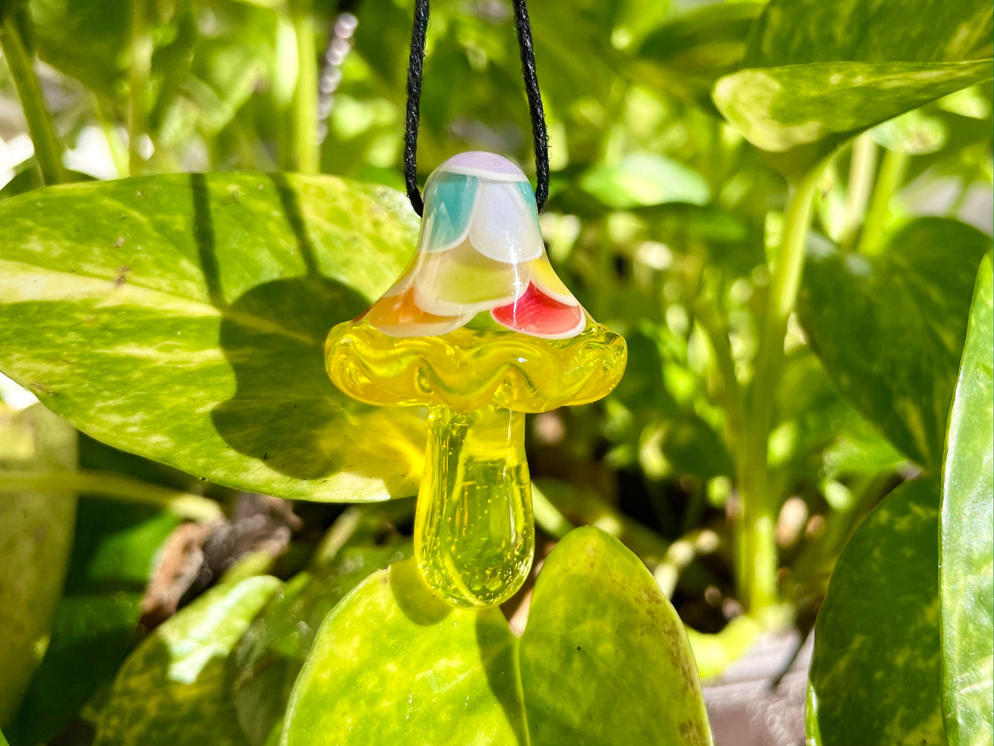 Rainbow Yellow Mushroom Pendant/ Shroom pendant / Hand Sculpted Glass Mushroom Necklace / Rainbow Shroom Pendant