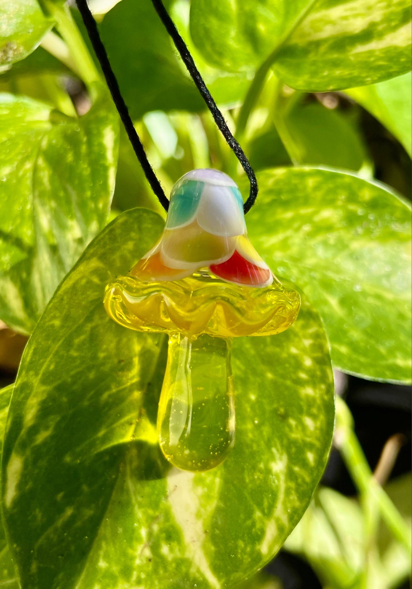 Rainbow Yellow Mushroom Pendant/ Shroom pendant / Hand Sculpted Glass Mushroom Necklace / Rainbow Shroom Pendant