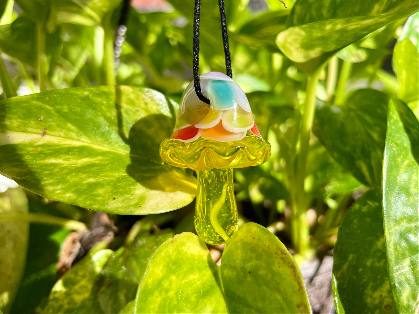 Rainbow Yellow Mushroom Pendant/ Shroom pendant / Hand Sculpted Glass Mushroom Necklace / Rainbow Shroom Pendant