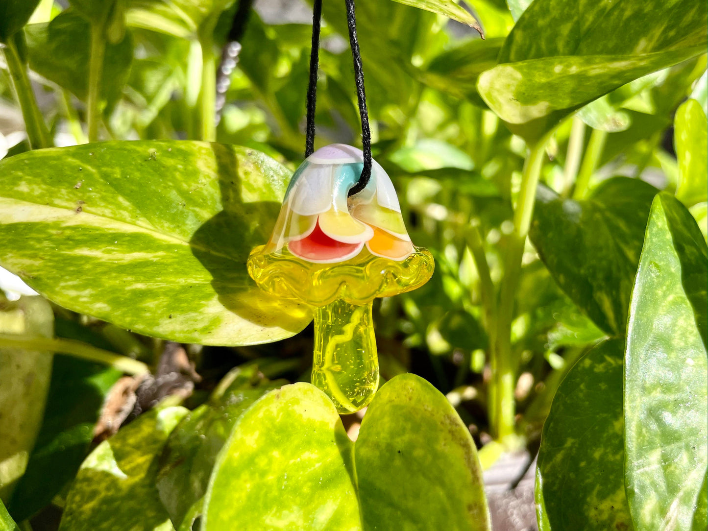 Rainbow Yellow Mushroom Pendant/ Shroom pendant / Hand Sculpted Glass Mushroom Necklace / Rainbow Shroom Pendant