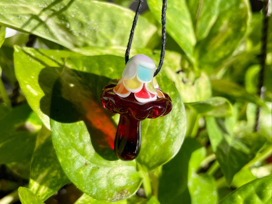 Rainbow Red Mushroom Pendant/ Shroom pendant / Hand Sculpted Glass Mushroom Necklace / Rainbow Shroom Pendant